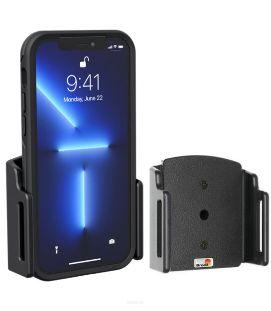 Uchwyt uniwersalny regulowany do Apple iPhone 13 Pro bez futerału oraz w futerale lub etui o wymiarach: 70-83 mm (szer.), 6-10 mm (grubość).