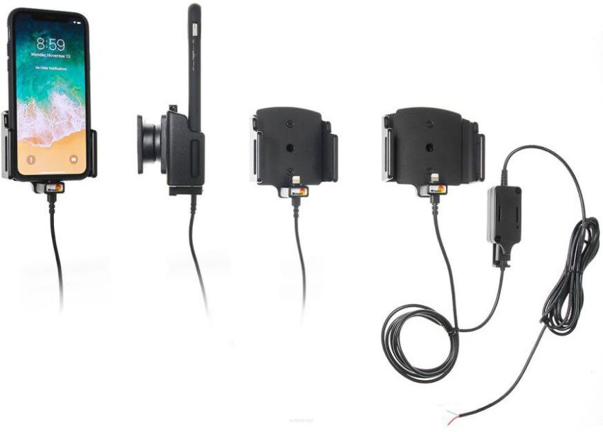 Uchwyt regulowany do Apple iPhone X w futerale lub obudowie o wymiarach: 70-83 mm (szer.), 2-10 mm (grubość) z wbudowaną ładowarką samochodową do instalacji na stałe