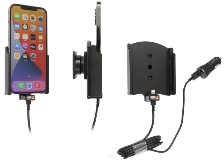 Uchwyt do Apple iPhone 12 Pro Max z wbudowanym kablem USB oraz ładowarką samochodową